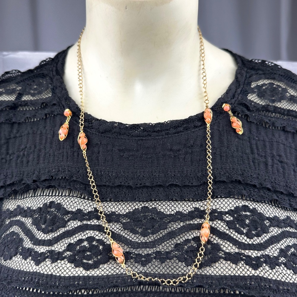 Vintage 1987 Avon Captured Accents Coral Caged Bead Necklace & Earrings Set Boho